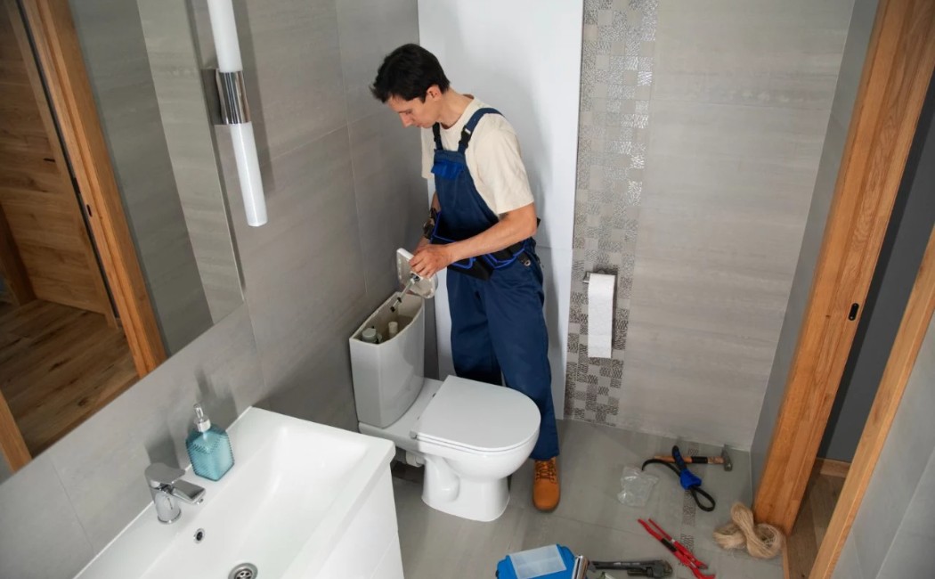 Plumber performing Bathroom Plumbing Services by repairing a toilet tank in a modern bathroom.