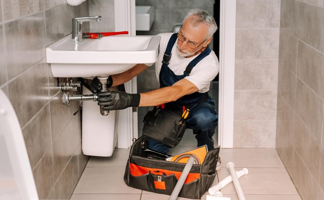 Professional plumber performing Bathroom Plumbing Services by installing and tightening pipes under a wall-mounted sink with tools nearby.