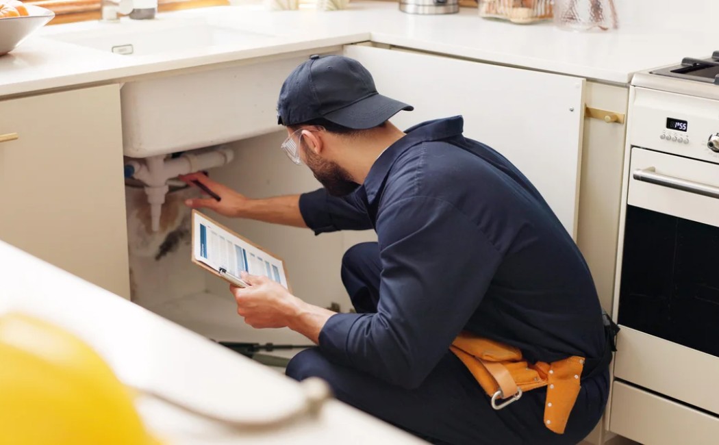Plumber performing a Plumbing Inspection under a kitchen sink while checking pipes for leaks and maintenance.