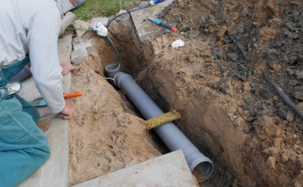 Worker installing a sewer pipe in a ground trench as part of professional Sewer Installation Services during an underground plumbing setup.