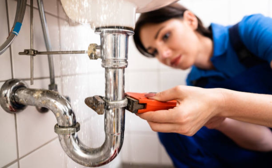 Plumber tightening pipes under a sink while water leaks, illustrating professional Leak Repair Services.