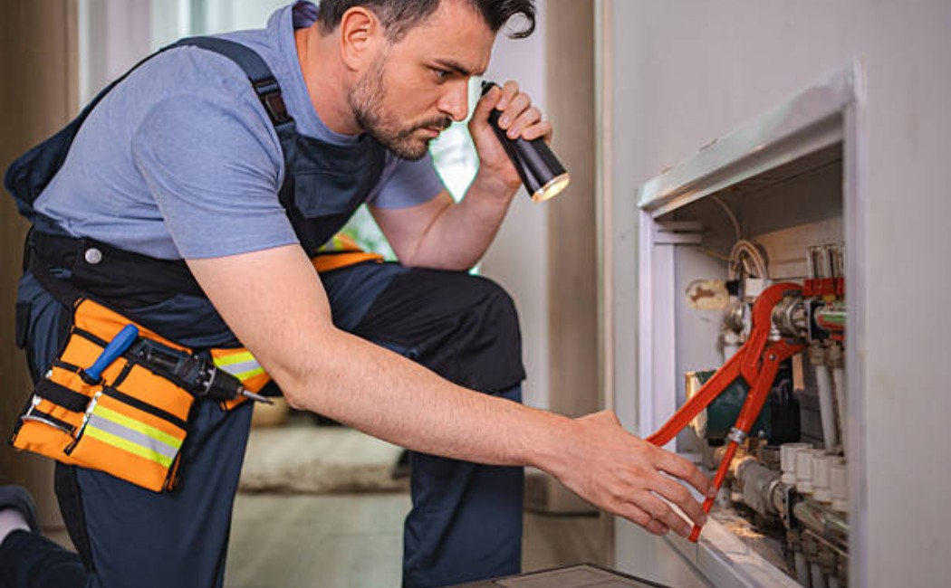 Plumber performing a Plumbing Inspection with a flashlight while checking pipes and fittings inside a home utility panel.
