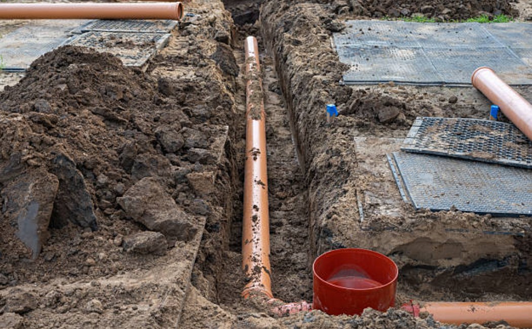 Workers installing underground sewer pipes in a trench during a sewer system construction project, representing professional Sewer Installation Services.