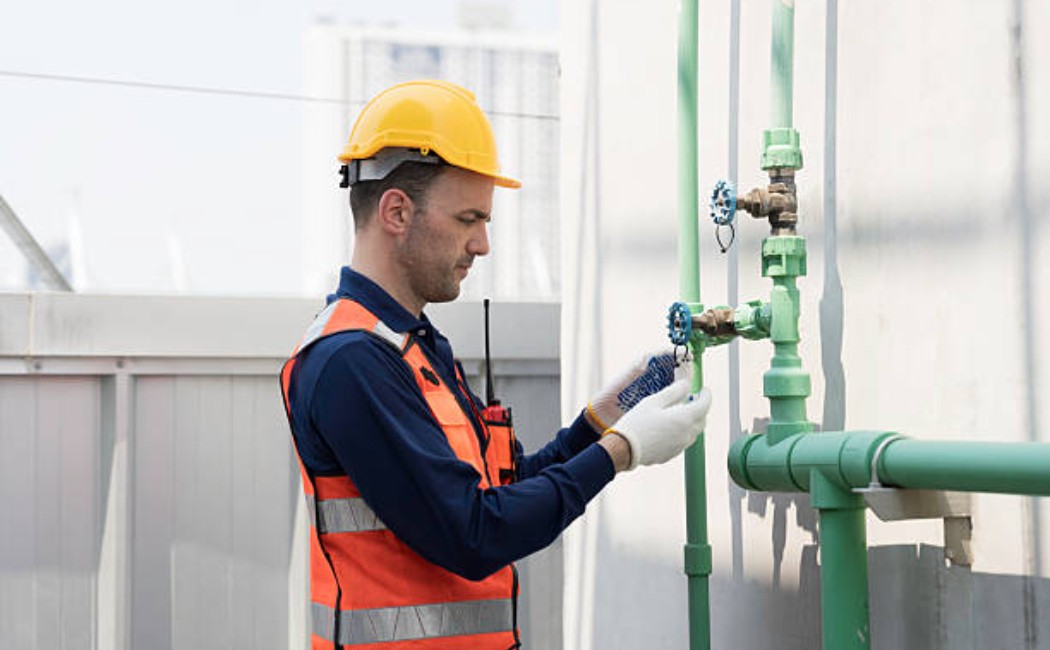 Technician in safety gear performing a plumbing inspection while checking exterior water pipes and valves.