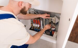 Plumber performing a plumbing inspection while checking pipes and a water meter inside a residential utility cabinet.