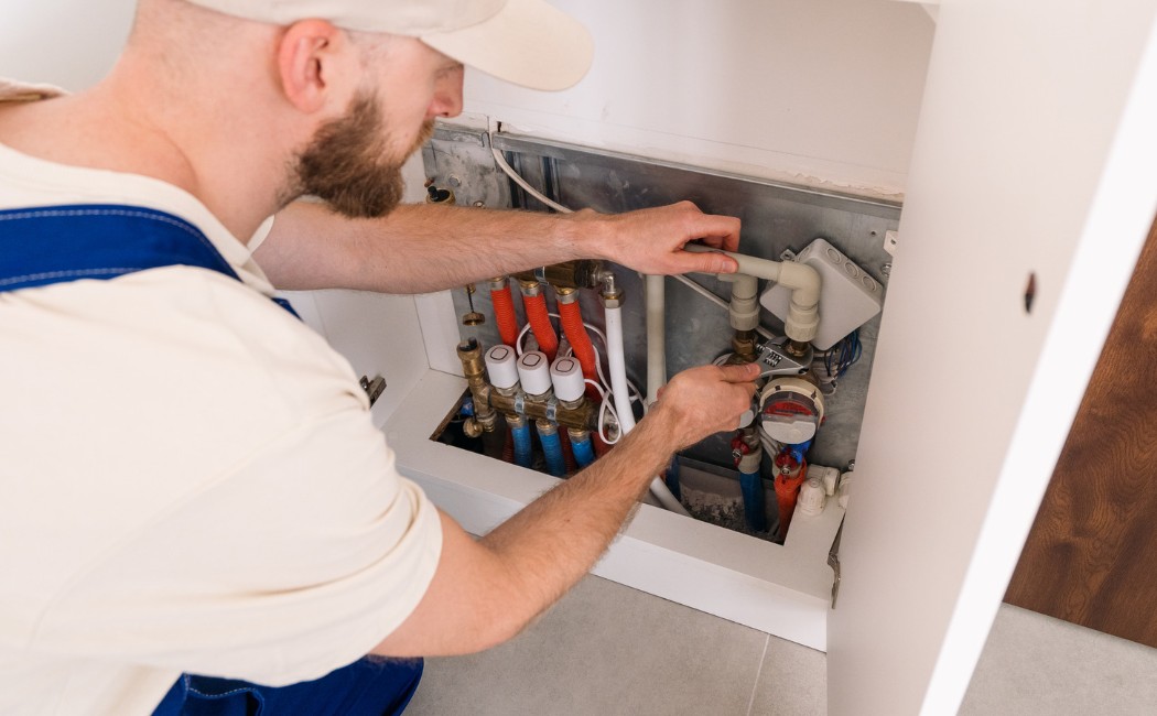 Plumber performing a plumbing inspection while checking pipes and a water meter inside a residential utility cabinet.