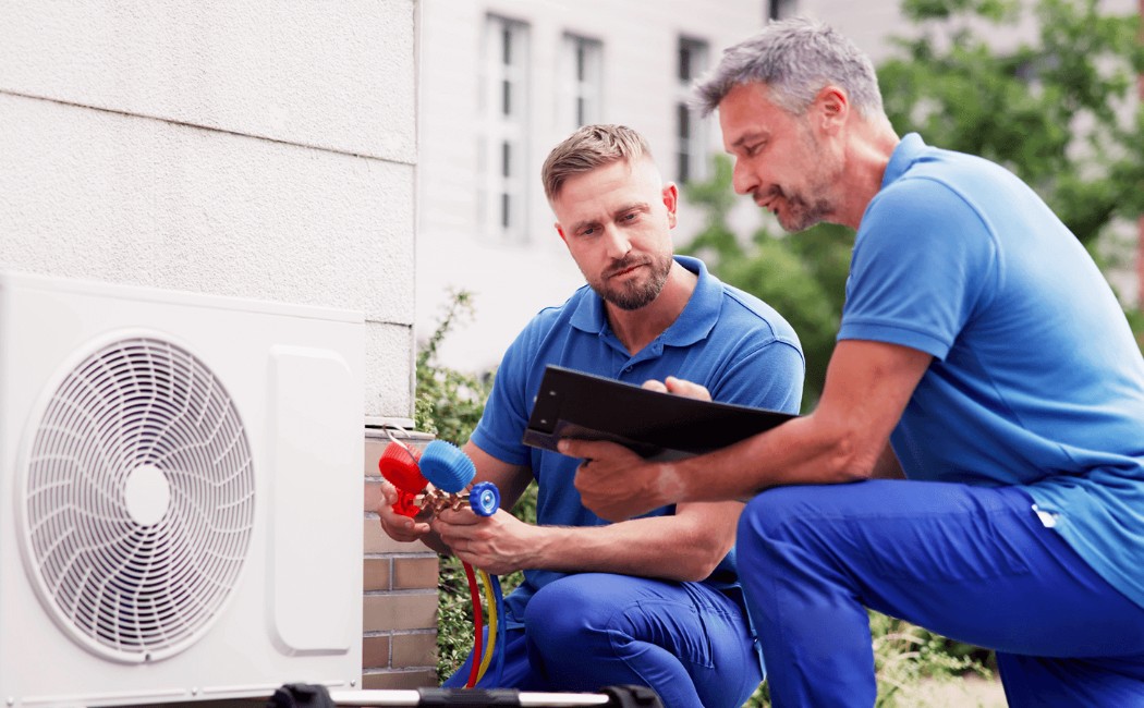 HVAC Installation Experts inspecting and installing an outdoor air conditioning unit with tools and a clipboard.