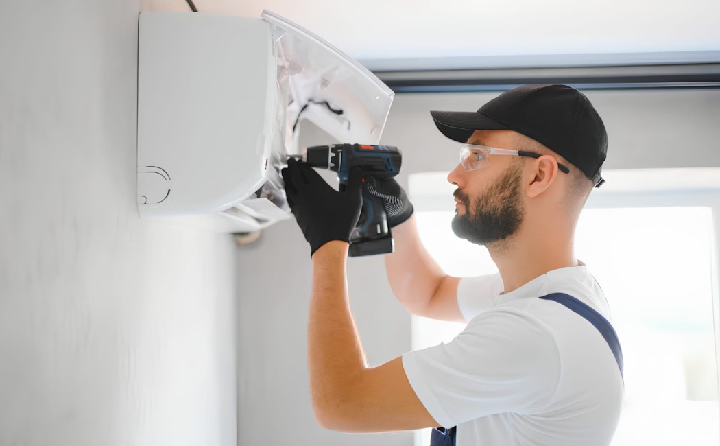 Expert installing a wall AC with a power drill indoors. Technician using a power drill to complete Air Conditioner Installation on a wall-mounted unit indoors.
