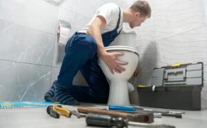 Professional plumber repairing and installing a toilet in a modern bathroom with plumbing tools on the floor.