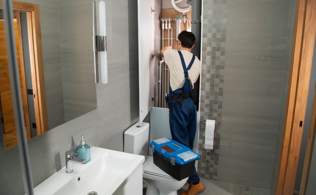 Modern Bathroom Pipe Repair Services Plumber repairing bathroom pipes inside a modern restroom with plumbing tools and fixtures installed.
