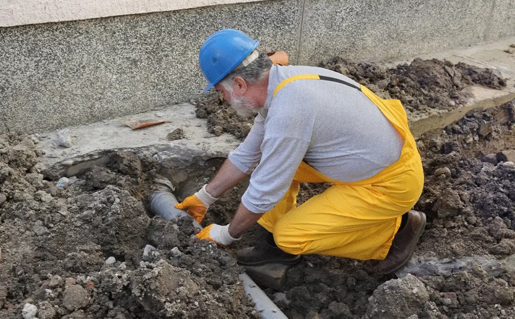 Sewer Installation worker excavating and connecting underground sewer pipes while wearing safety gear at a construction site.